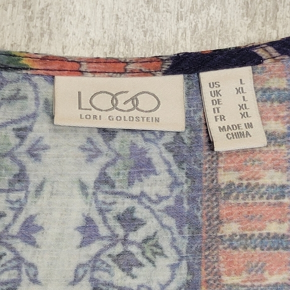 LOGO Lori Goldstein Women's Large Multicolor Oversized Semi Sheer Peplum Hem Top - Picture 2 of 6